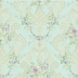 Tapet MAINZ GK 88343 – 53x1000 cm (5.3 m²/ rola), PVC, lavabil, model floral elegant baroc, pastel, cu flori lavandă și arabescuri crem pe fundal verde mentă, ideal pentru spații romantice și luminoase.