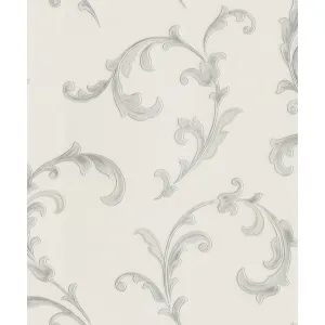 Tapet CAHILL 822403 – 53x1000 cm (5.3 m²/ rola), PVC, lavabil, model floral stilizat gri pe fundal alb unt, combinație elegantă de modern și clasic, potrivită pentru interioare luminoase și rafinate.