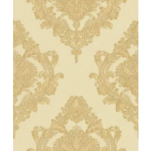 Tapet CARMELA GK 859703 – 53x1000 cm (5.3 m²/ rola), PVC, lavabil, model clasic damasc, floral, in nuante aurii pe fundal crem, ideal pentru interioare elegante.