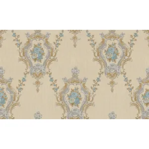 Tapet ROYAL 93099 – 106x1000 cm (10.6 m²/ rola), PVC, lavabil, model cu medalioane baroc și buchete florale albastre, pe fundal bej texturat, ideal pentru decoruri clasice, feminine și luminoase.