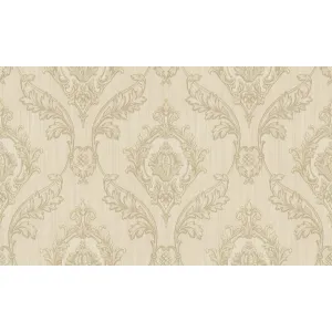 TAPET PVC ROYAL 96008 - 106X1000 cm (10.6 m²/ rola), PVC, lavabil, cu design clasic și elegant, în tonuri calde de bej și crem, medalion baroc bej pe fundal cu textură lemnoasă subtilă, ideal pentru interioare discrete și rafinate.