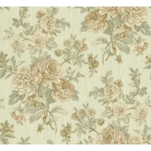 TAPET PVC VICTOR 828505 - 70X1000 cm, are un model floral clasic, cu bujori mari în tonuri de bej, crem și verde pal, pe un fundal texturat subtil. Finisajul satinat-reliefat îi conferă profunzime și rafinament, potrivit pentru interioare elegante, în stil clasic sau vintage.