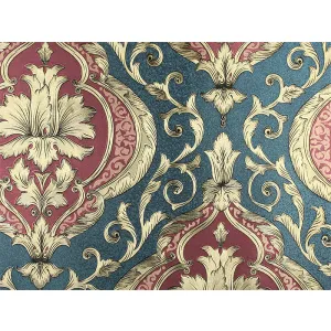 Tapet GOLDEN 66331 – 53x1000 cm (5.3 m²/ rola), PVC, lavabil, model baroc cu fundal albastru și detalii aurii, ideal pentru interioare clasice.