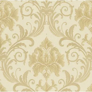 Tapet MAINZ GK 88365 – 53x1000 cm (5.3 m²/ rola), PVC, lavabil, model damasc clasic crem-bej, eleganță și simplitate într-un design baroc reinterpretat.