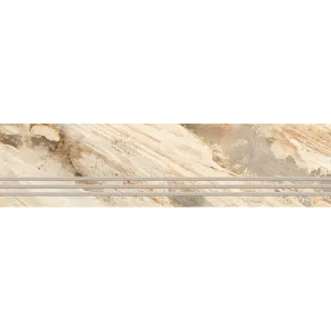TREAPTA GRESIE FOSSIL CREMA GRANDE - 29.5X120 cm, portelanata, glazurata, rectificata, cu textură mată și nuanțe crem, bej și gri, perfectă pentru scări moderne interioare si exterioare, cu aspect de piatră naturală.