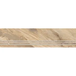 TREAPTA GRESIE FOSSIL NATURAL GRANDE - 29.5X120 cm, portelanata, glazurata, rectificata, în nuanțe naturale de bej, maro și gri, cu finisaj mat și aspect rustic de piatră naturală.