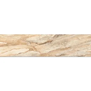 TREAPTA GRESIE IRNO BEIGE - 120X30 cm, porțelanată lucioasă, bej cu aspect de marmura naturala, rectificata, cu rotunjire și 3 adâncituri antiderapante pe una dintre laturi, pentru interior și exterior.