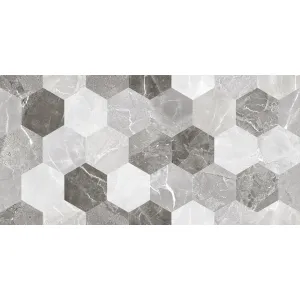 FAIANTA CLEVER GREY 15276-HL2 - 30X60 cm, ceramica glazurata, rectificata, aduce un plus de dinamism și modernitate oricărui spațiu interior, prin modelul său hexagonal în nuanțe de gri și finisajul lucios elegant.