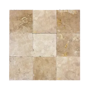 TRAVERTIN CLASSIC - 20.3X20.3X1 cm, cu finisaj antichizat (tumbled) și suprafață nechituită, ideal pentru proiecte cu aspect rustic și natural.