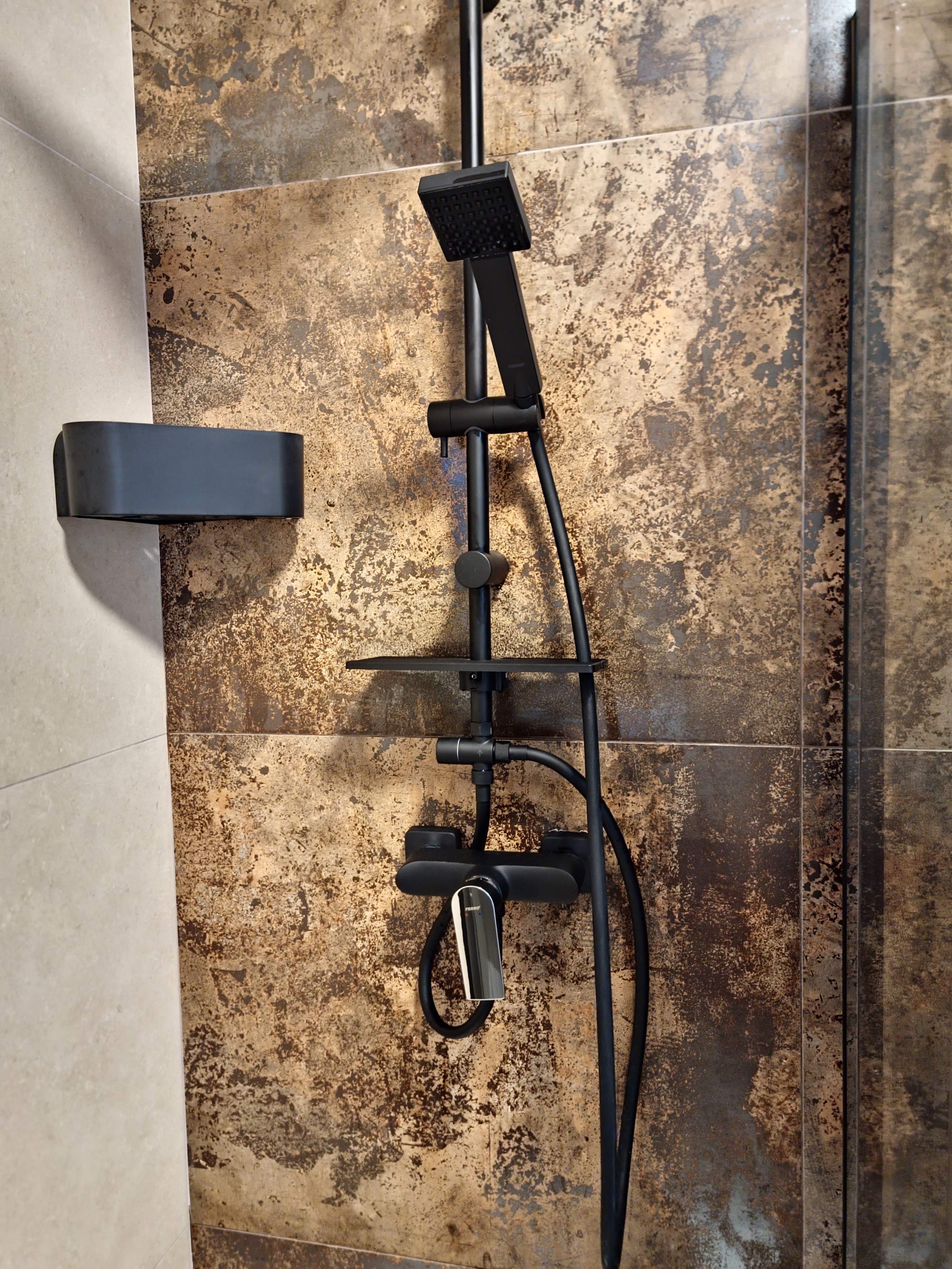Proiect rezidențial baie cu gresie cu aspect metalizat în Lumina